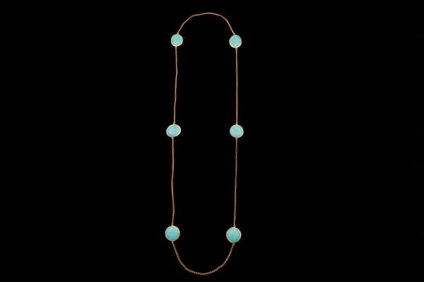 Six Gold Plated Circular Discs Inlaid With Turquoise Cabochons, On A Long Chain Links Necklace
