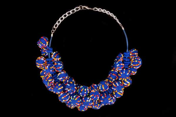 Blue Wool Covered Round Beads Necklace, Each Bead Decorated With Lines Of Multicoloured Glass Beads