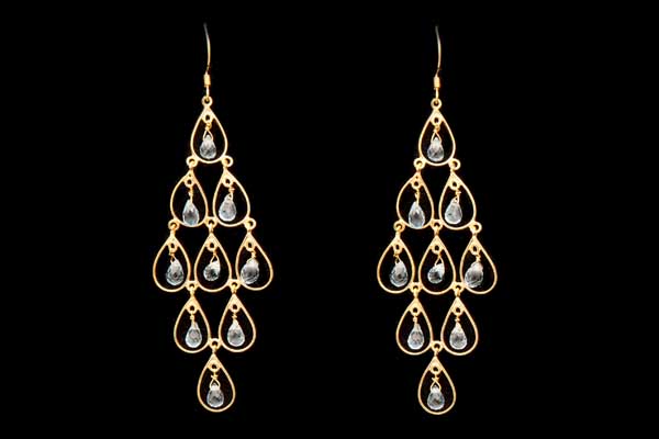 Gold Plated Diamond Shaped Earrings Of Nine Teardrop Bands, Each With A Blue Topaz Facetted Pendant