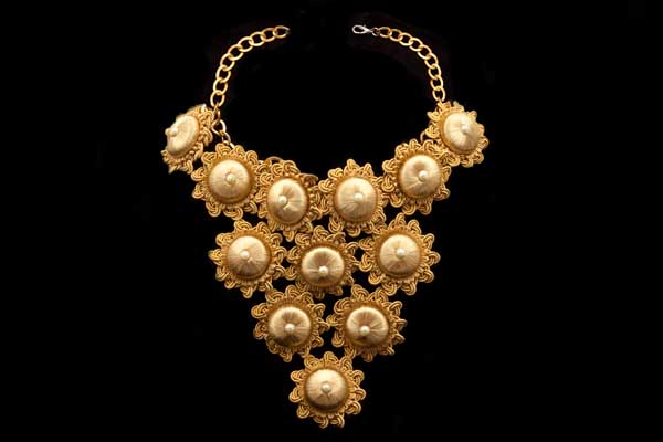 Gold Silk And Cord Twelve 'Flowers' Triangular Necklace, Each Flower With A White 'Faux' Pear Centre