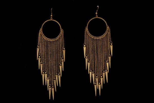 Golden Metal Chains With Tapered Pendants On Circular Bands Earrings