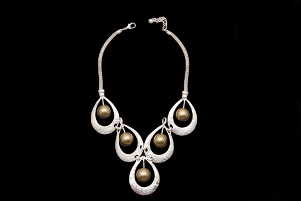 Silvered MetalTeardrop Pendants With Golden Metal Round Beads, On A Silvered Metal Band Necklace