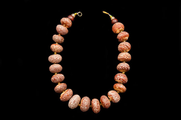 Thai Brown And Cream Patterned, Mottled  Seeds Long Necklace With Round Orange Glass Spacers