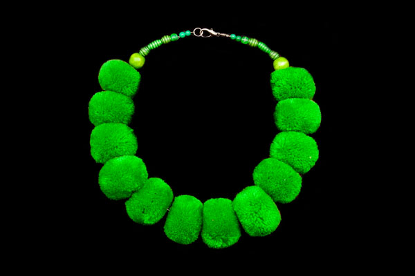 Twelve Green Wool Large Pom Poms Necklace
