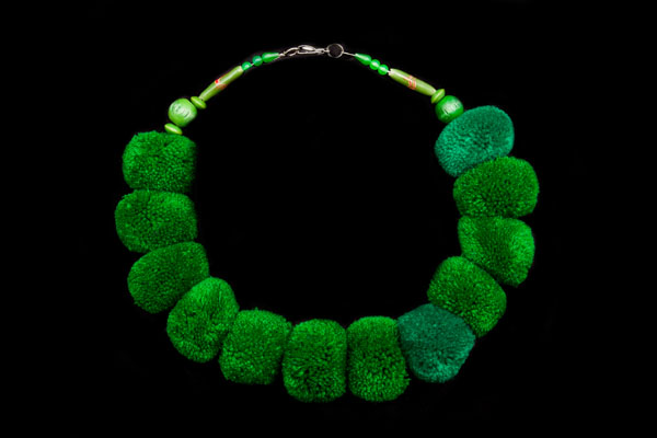 Twelve Dark Green Dyed Wool Large Pompoms Necklace