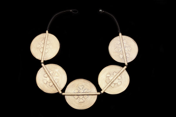 Five Baule Tribal Large Circular Patterned Discs Necklace With Black Agate Small Round Spacers