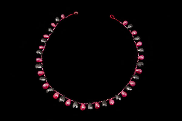 Ruby And Black Spinel Facetted Teardrops Necklace With Small Round Garnet Spacers