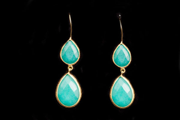 Gold Plated Two Linked Teardrops Earrings Inlaid With Turquoise Dyed Agate Facetted Cabochons