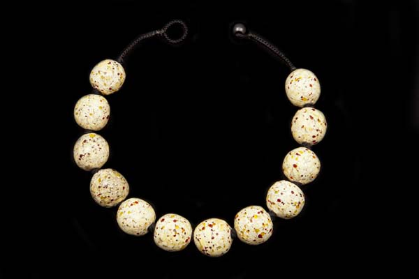Javanese Large Round Cream Crackled Glass Beads Inlaid With Red And Light Green Small Glass Dots