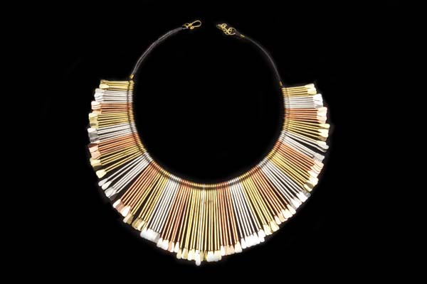 Golden, Silvered, And Copper Metal Long Thin Graduated 'Spoon' Drops Necklace