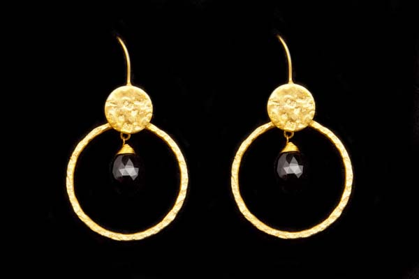 Gold Plated Textured Surface Circular Band Earrings With Black Spinel Facetted Teardrop Pendants