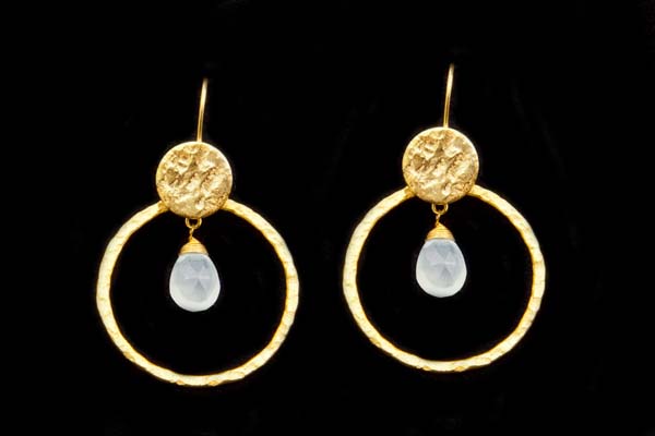 Gold Plated Textured Surface Circular Band Earrings With Aquamarine Facetted Teardrop Pendants