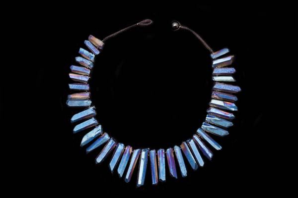 Blue And Purple Electro-Plated Rock Crystal Graduated Drops Necklace With Black Agate Round Spacers