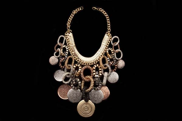 Golden Metal Chain Necklace With Nine Drops Of Golden, Silvered And Copper Metal Chains And Pendants