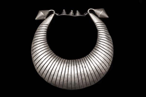 Miao Silvered Metal Large Hollow Graduated Torque Necklace, Decorated With A Grooved Striped Pattern