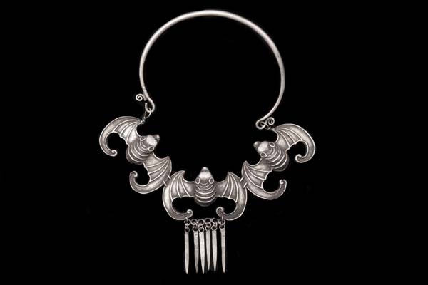 Miao Traditional Silvered Metal Necklace Of Three Stylised Bats Suspended From A Curved Band. China
