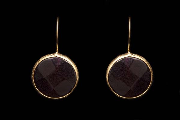 Gold Plated Circular Rimmed Drop Earrings, Inlaid With Black Dyed Agate Circular Facetted Cabochons