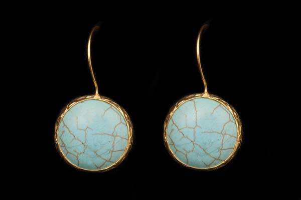 Gold Plated Circular Rimmed Drop Earrings Inlaid With Turquoise Howlite Circular Cabochons