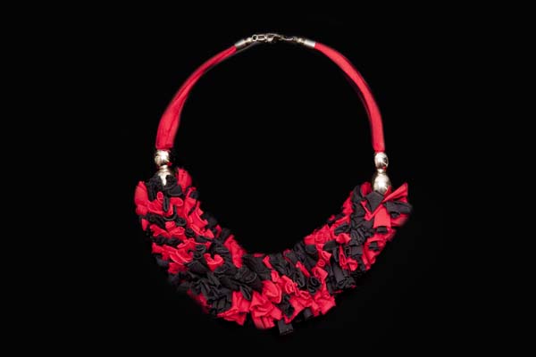Red And Black Curled Cotton Tufts Band, Suspended From A Red And Black Cotton Four Bands Necklace