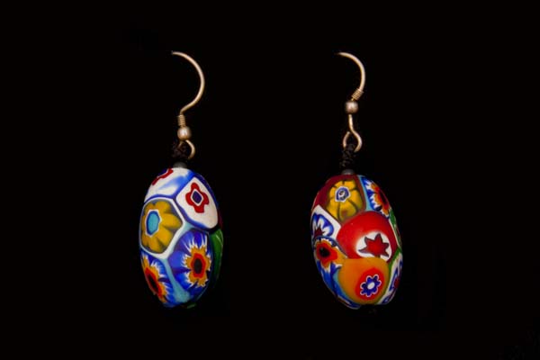 Venetian Multicoloured Millefiore Glass Oval Drop Earrings