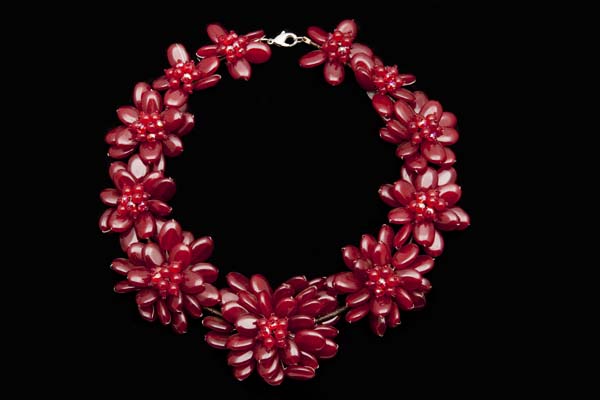 Dark Red Dyed Aventurine Nine Flowers Necklace On A Silvered Metallic Cloth Covered Circular Band