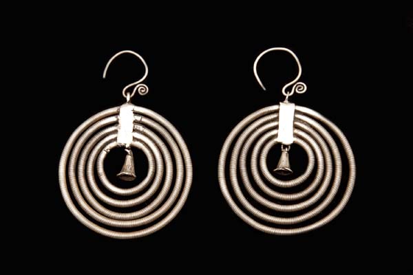 Miao Silvered Metal Five Coiled Circular Bands Large Drop Earrings. China
