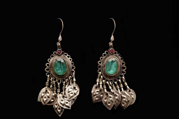 Cochi Tribal Silvered Metal Oval Drop Earrings With Green Facetted Glass Oval Centres. Afghanistan