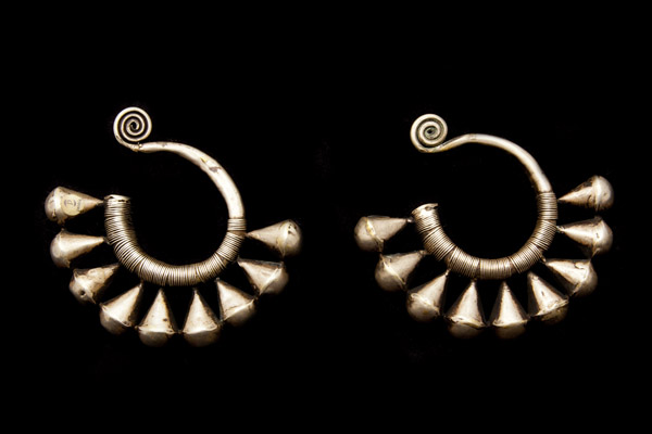 Miao Antique Large Silver Ear Cuffs, Each With Nine Circular Teardrop Pendants. China.