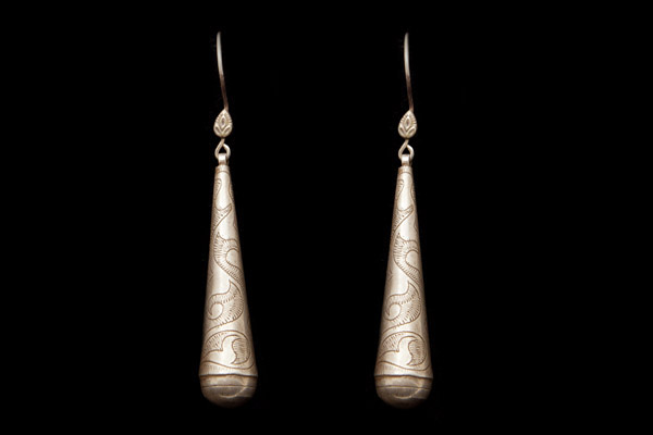 Afghan Traditional Tribal Long Silver Graduated Tubular Earrings Engraved With A Floral Pattern