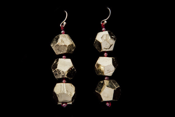 Peruvian Pyrites Facetted Nuggets Three Drop Earrings With Small Round Garnet Spacers