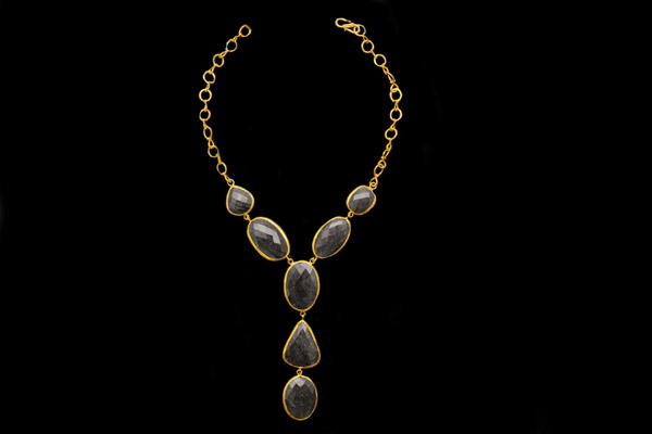 Gold Plated Chain Links Long Necklace With Seven Moss Agate Facetted Cabochons In Gold Plated Frames