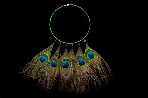 Five Peacock Feather Pendants On A Green Cotton Covered Circular Metal Band Necklace