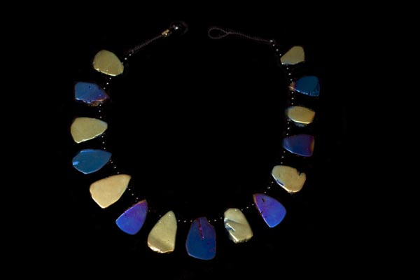 Dark Blue And Gold Electro-Formed Rock Crystal Triangular Drops Necklace With Black Onyx Spacers