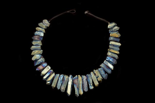 Light Green, Golden, And Blue Electroplated Rock Crystal Graduated Drops Necklace