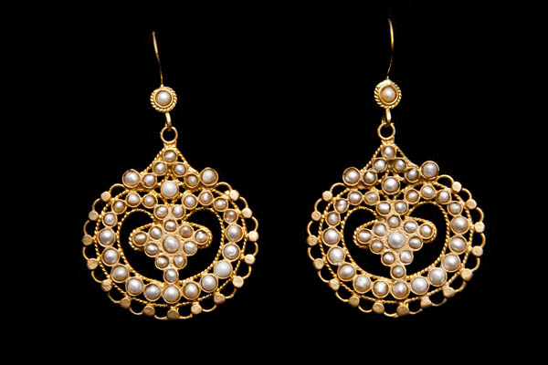 Gold Plated Large Filigree Patterned Oval Drops Earrings, Inlaid With Small White Freshwater Pearls