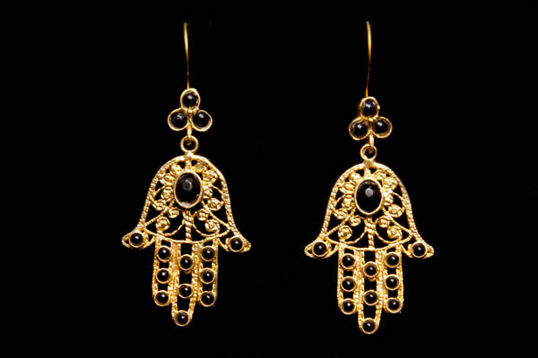 Gold Plated Hand Of Fatima Drop Earrings Inlaid With Black Onyx Circular And Oval Domed Cabochons