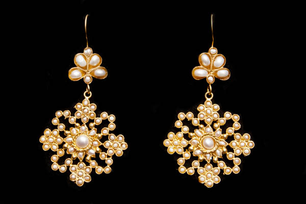 Gold Plated Filigree Snowflake Patterned Drop Earrings, Inlaid With White Freshwater Pearls
