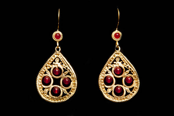 Gold Plated Filigree Teardrop Shaped Earrings With Four Orange Crystal Round Beads