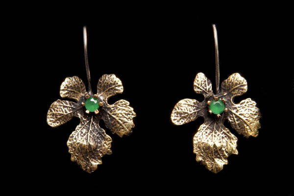 Dark Golden Metal Five Leaf Earrings With A Green Onyx Facetted Circular Cabochon Centre