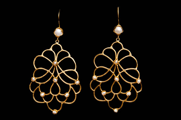 Gold Plated Multi-Banded Stylised Skeleton Leaf Earrings Inlaid With Small White Freshwater Pearls