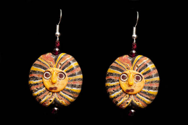 Javanese Circular Yellow, Orange, And Black Glass, Face Bead Earrings
