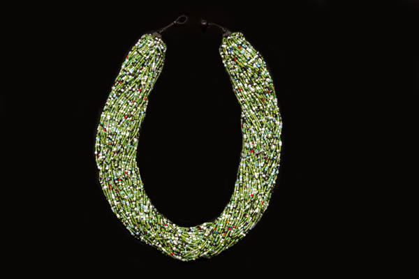 Baule Tribal Long Multi-strand Necklace Of Green, White, Black Red, And Turquoise Small Glass Beads