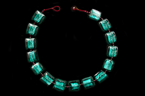 Dark Turquoise Coloured Transparent Glass Square Shaped Beads Necklace With Garnet Round Spacers