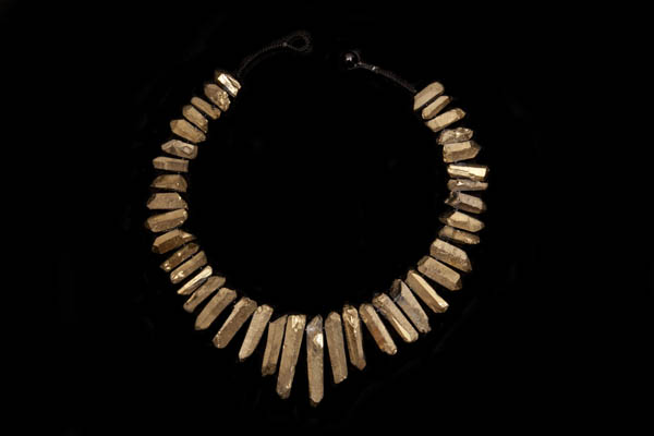 Gold Electroplated Rock Crystal Graduated Facetted Drops Necklace With Black Onyx Round Spacers