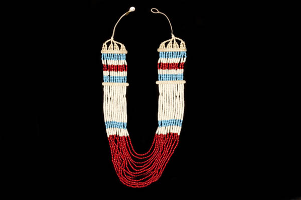 Naga Indian  Twelve Strand Long Necklace, With Red, White, And Turquoise Glass Beads