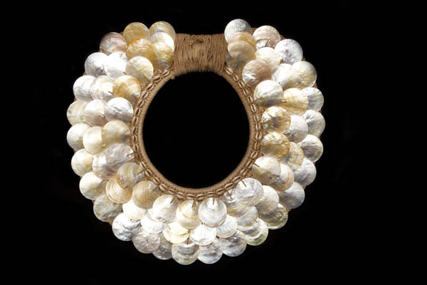 Indonesian Large Circular Braided Rope Necklace Decorated With Silvered And Golden Circular Shells