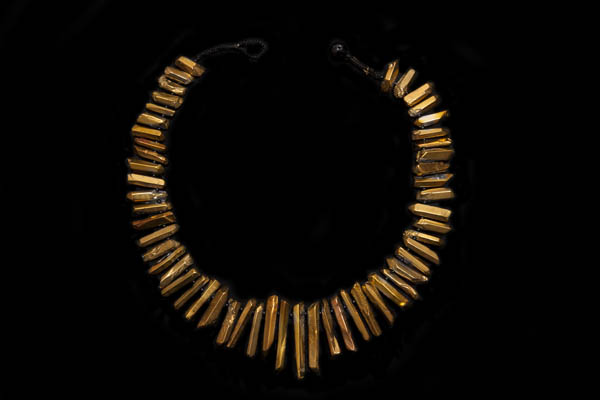 Dark Gold Electroplated Rock Crystal Graduated Drops Necklace With Black Agate Round Spacers