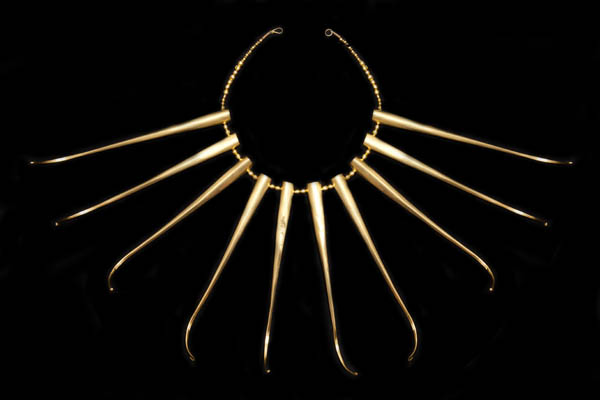 Golden Metal Long Thin Drops Necklace With Ridged Button Bead Spacers And Small Round Beads