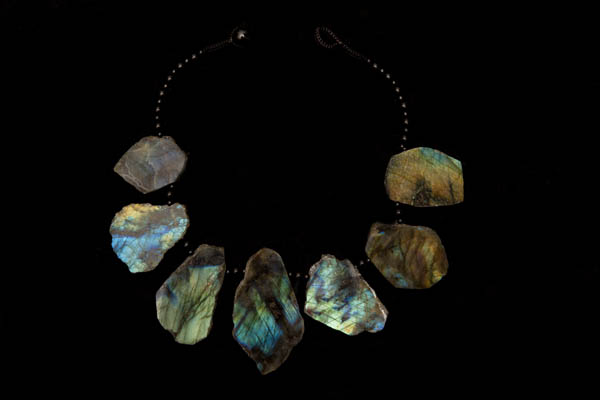 A Necklace Of Madagascar Labradorite Large Irregular Shaped Drops, Each With A Flat Polished Front