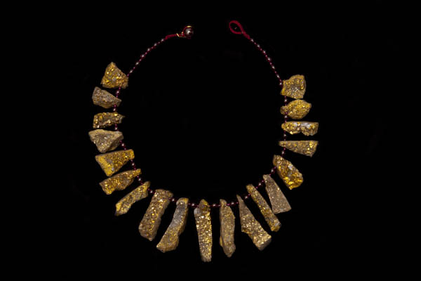 A Necklace Of Graduated Peruvian Pyrites Irregular Druzy Crystal Drops And Garnet Round Spacers